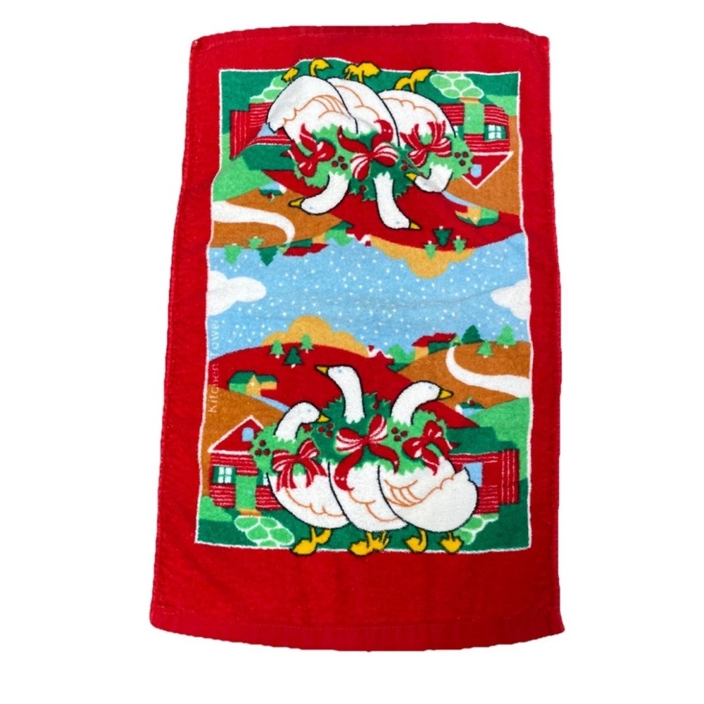 Vintage Hand Towel Christmas Holiday Winter Goose Geese Cotton Red